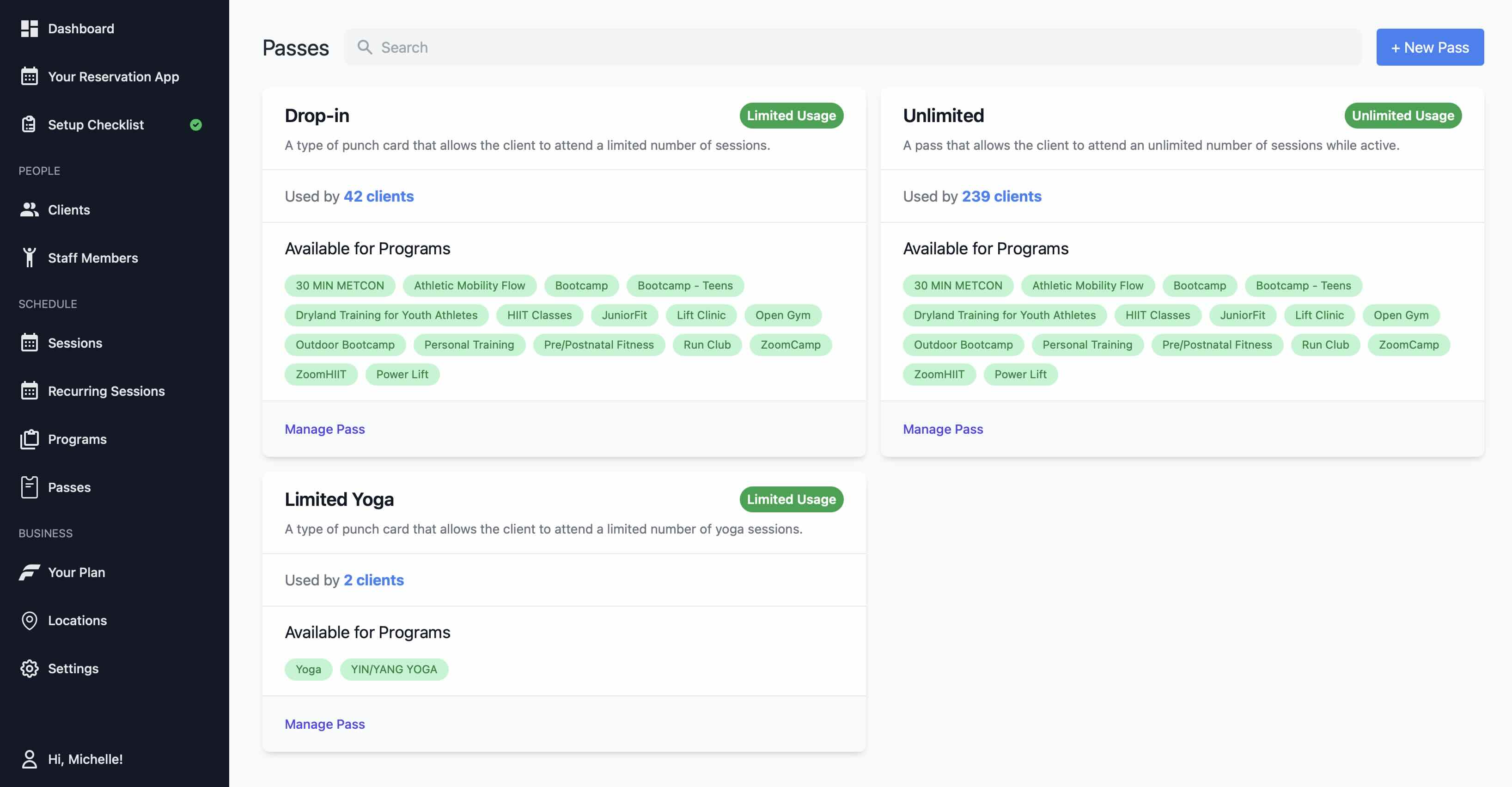 Fitnito Dashboard - Passes and Programs
