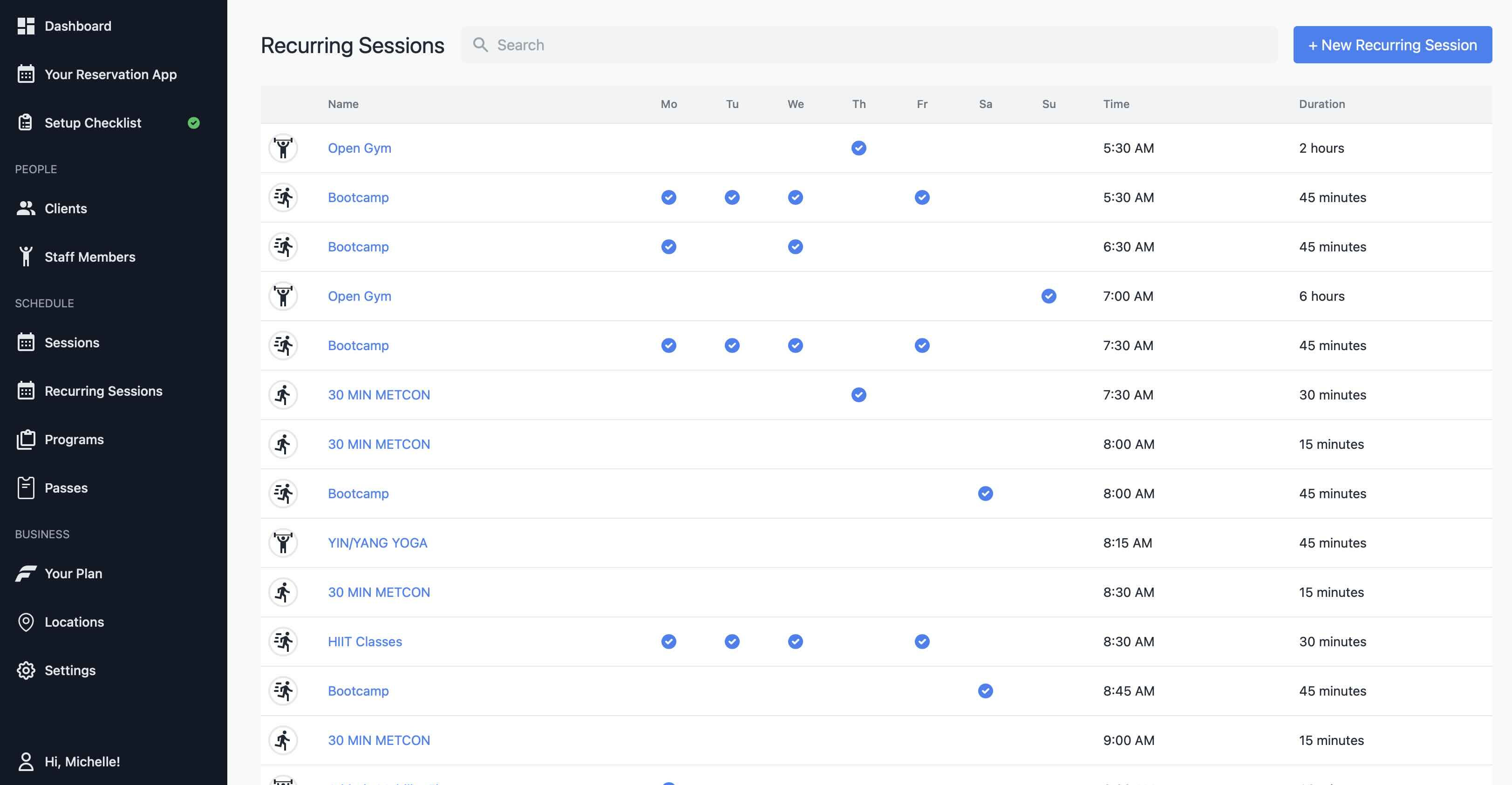 Fitnito Dashboard - Recurring Sessions