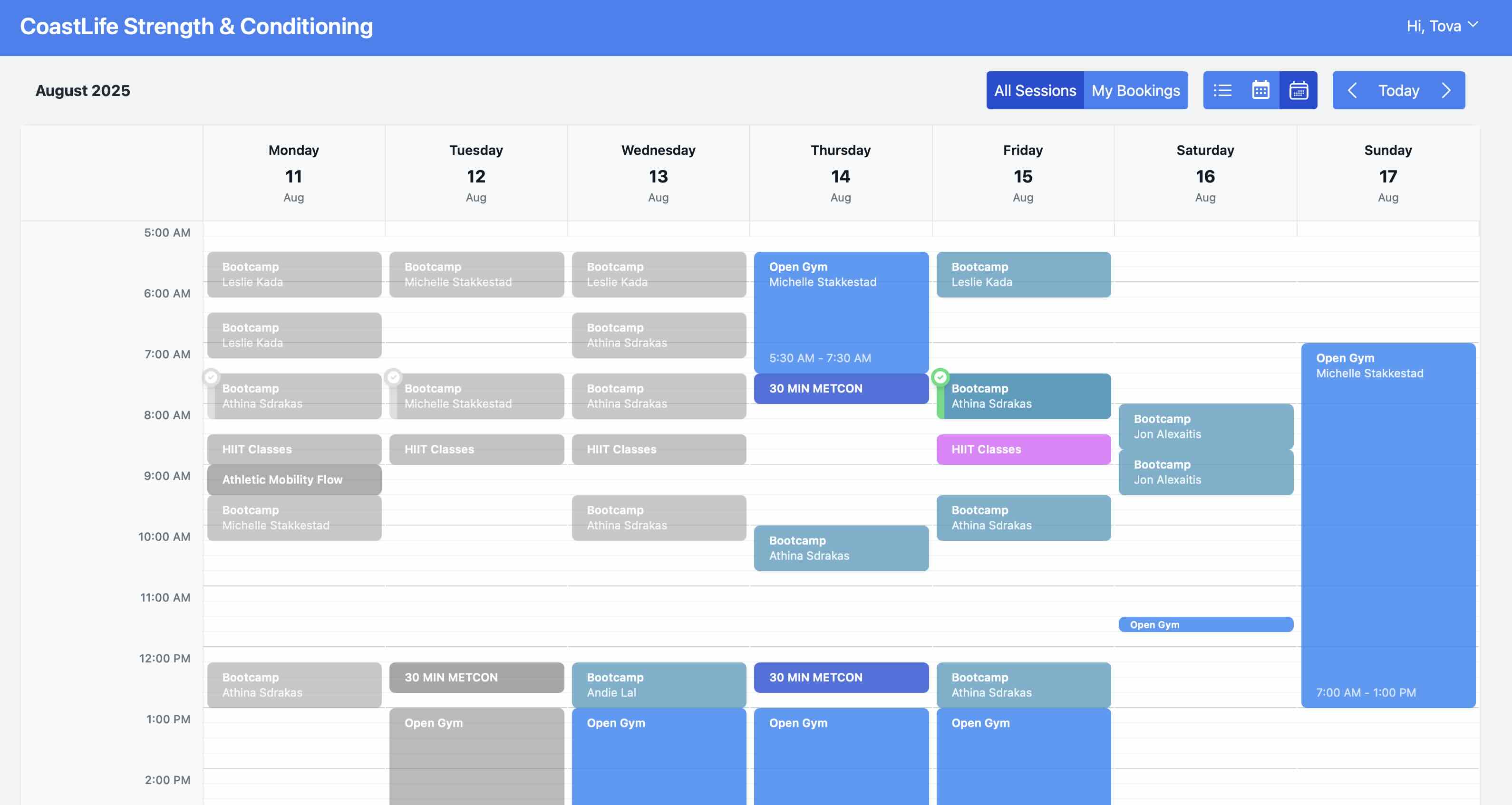 Gym Schedule - Week view showing fitness classes, personal training sessions, and group workouts