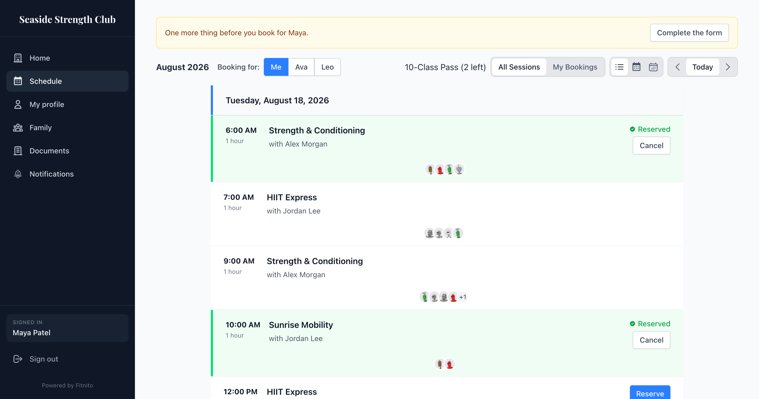 The Fitnito member booking site on a phone, listing upcoming classes