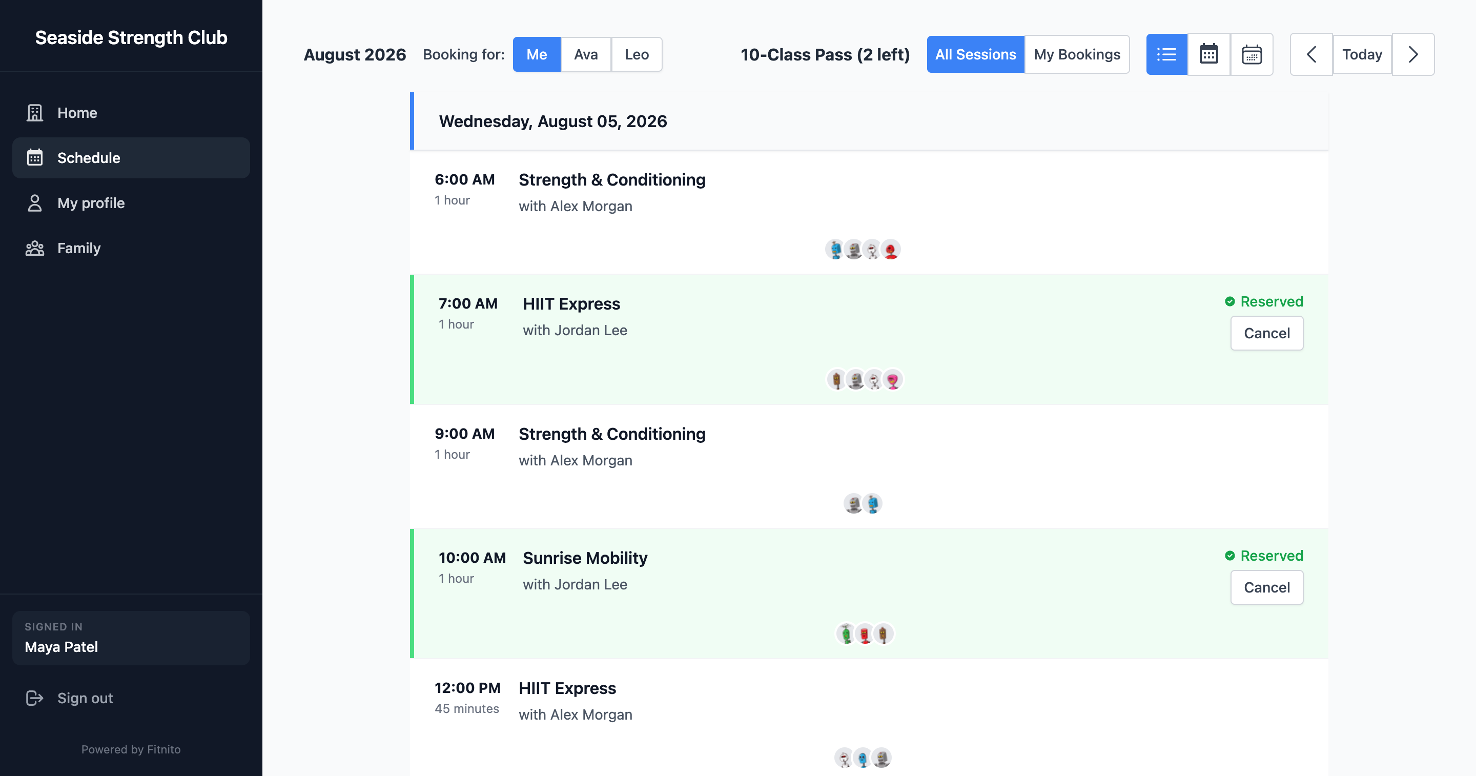 The Fitnito member booking site on a phone, listing upcoming classes
