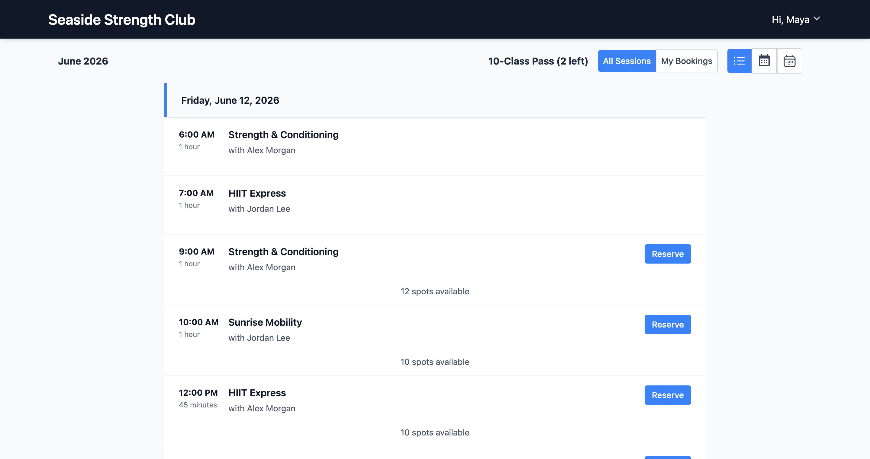 The Fitnito member booking site on a phone, listing upcoming classes
