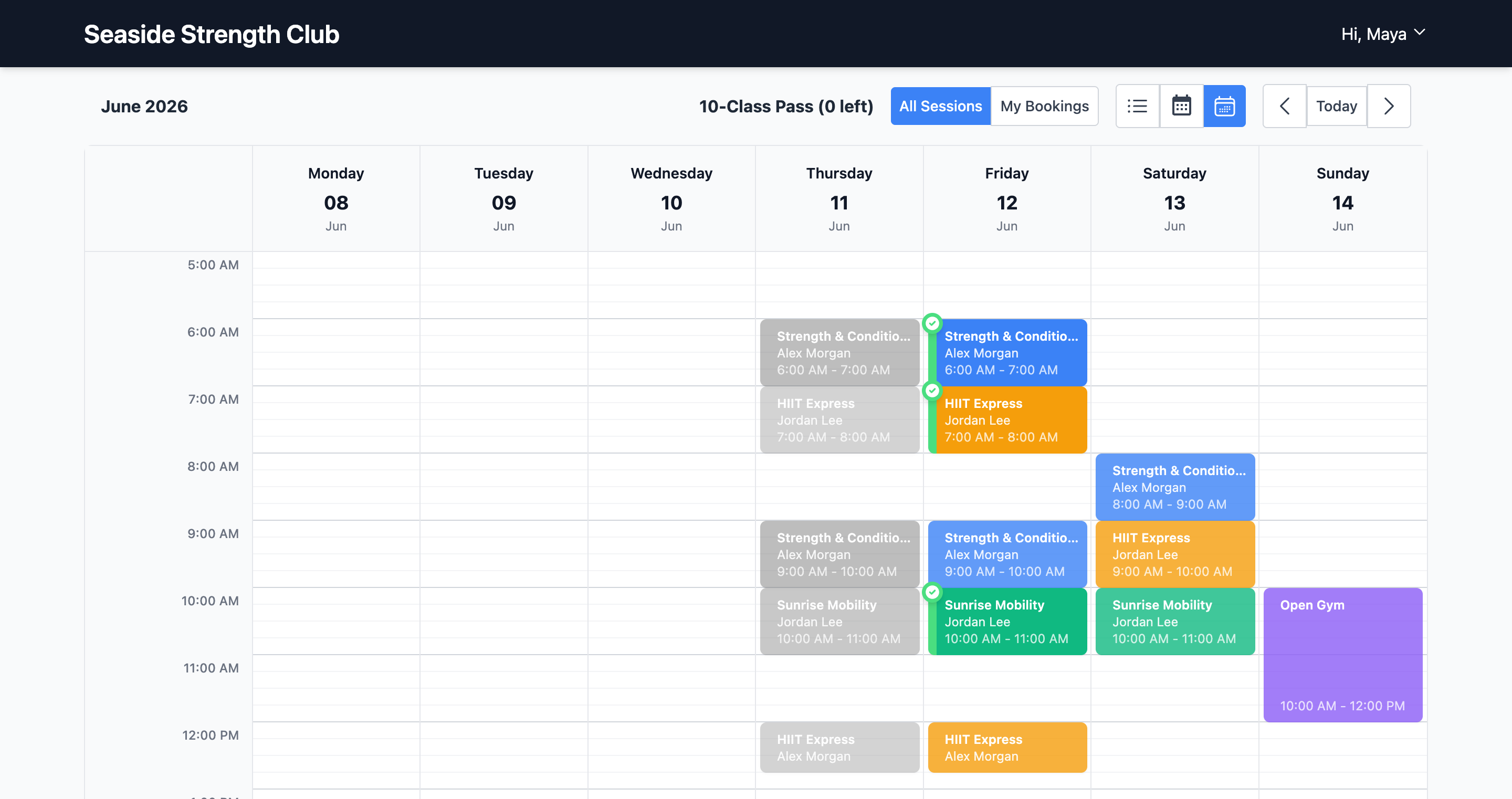 Bootcamp weekly schedule with morning and evening sessions and live availability