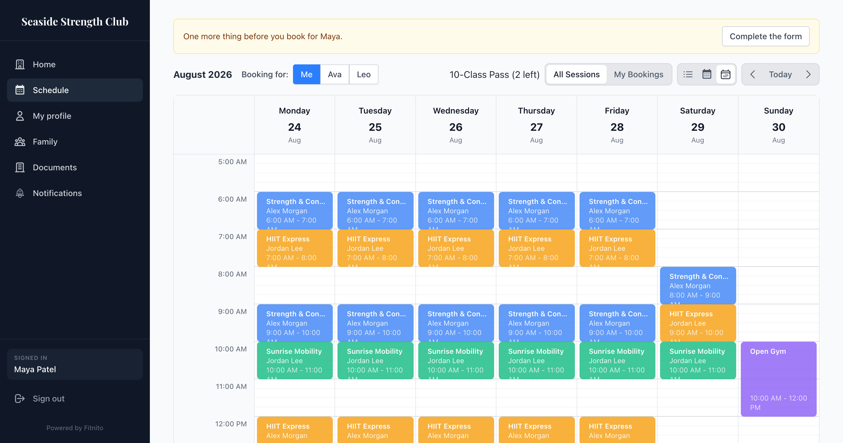 Fitnito client booking site - weekly class schedule