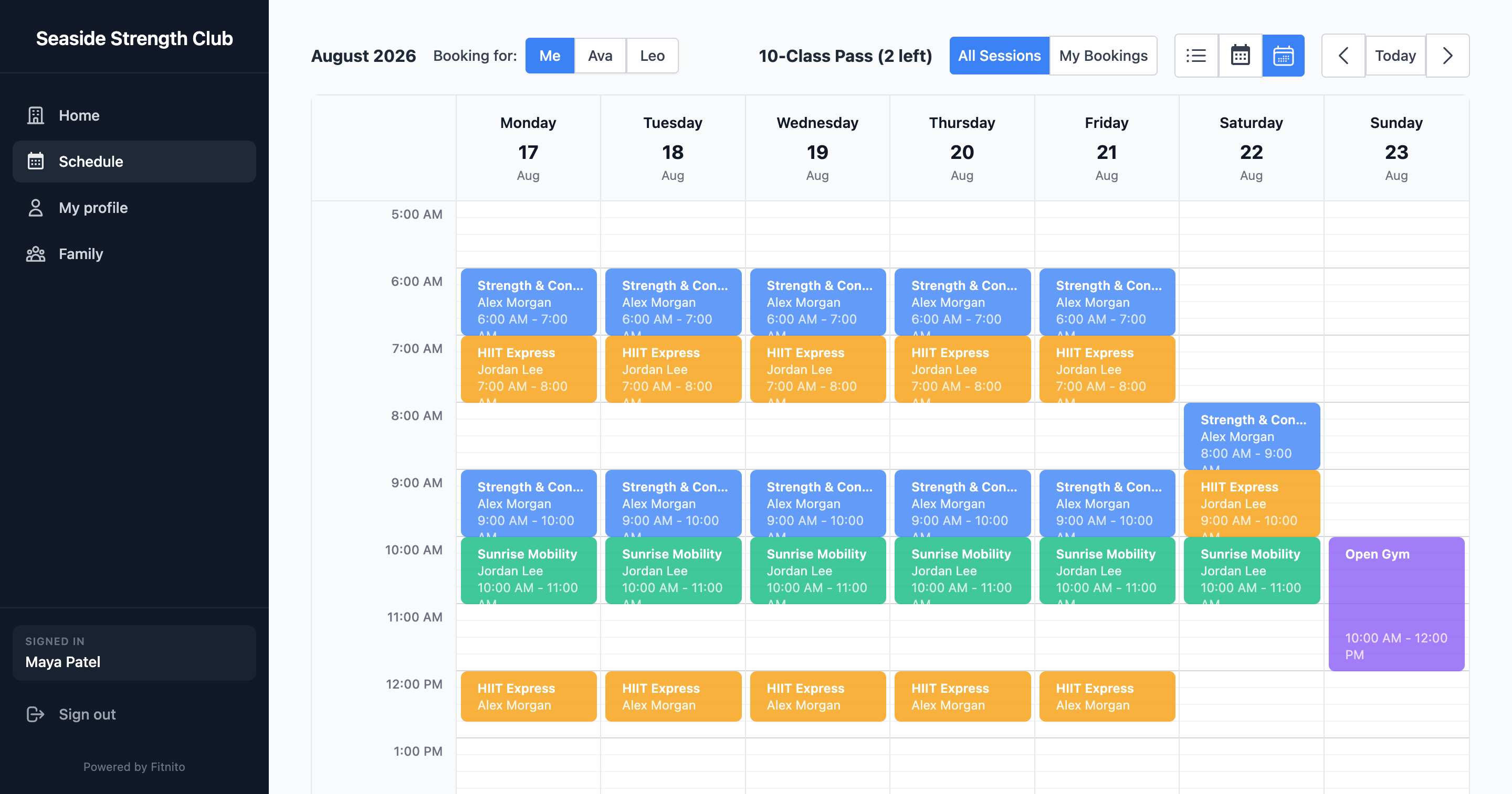 Fitnito client booking site - weekly class schedule