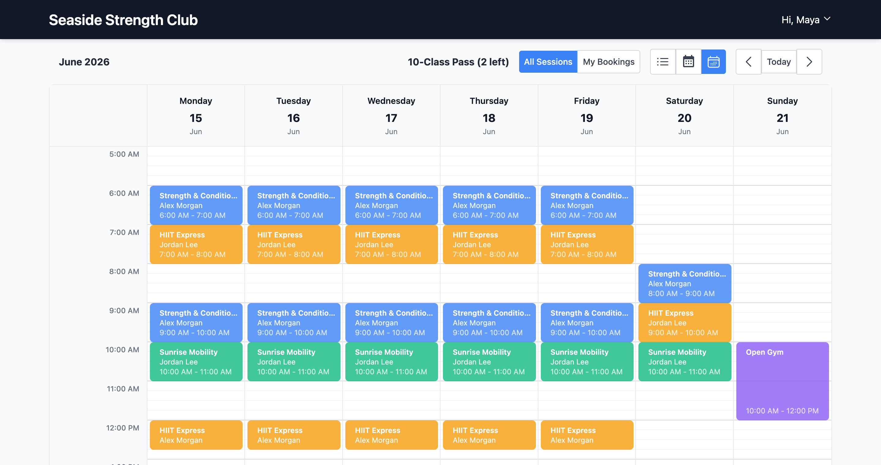 Fitnito client booking site - weekly class schedule