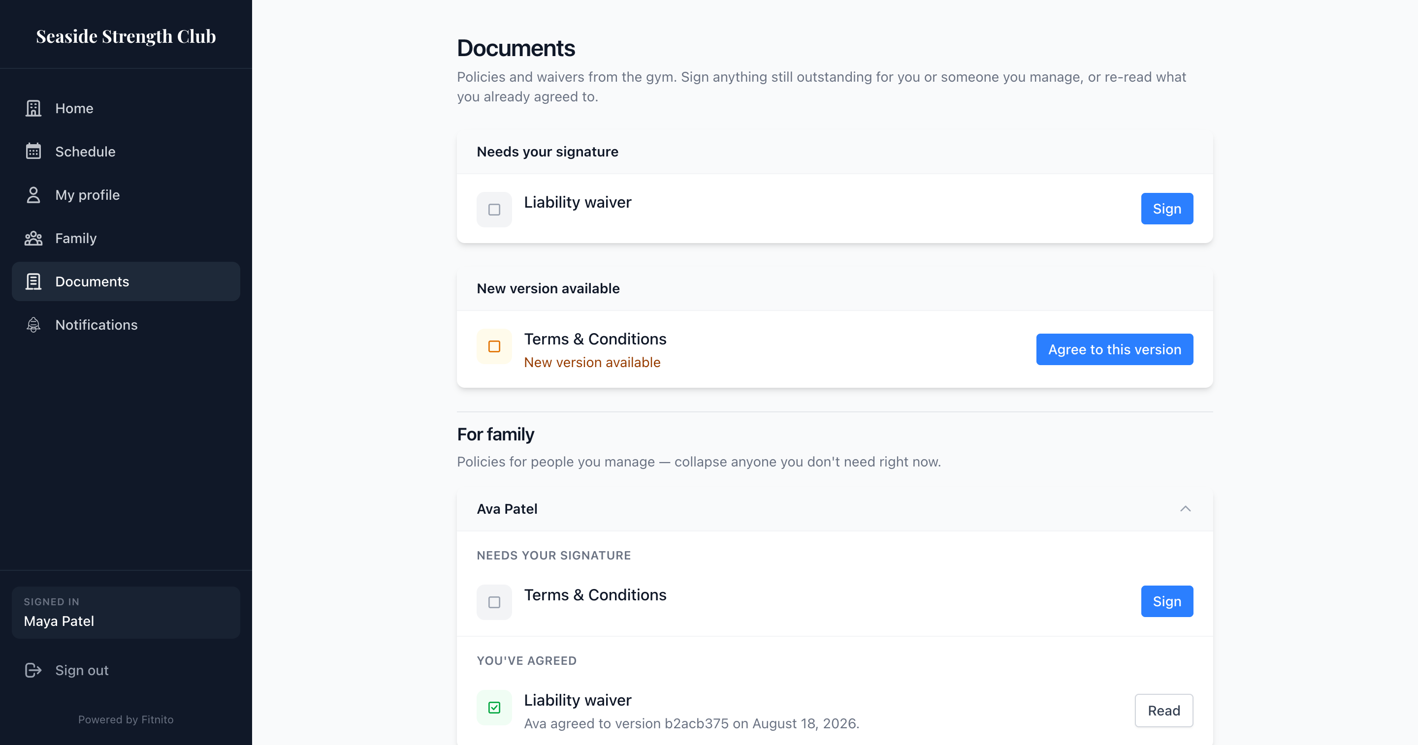 Member Documents page on the booking site