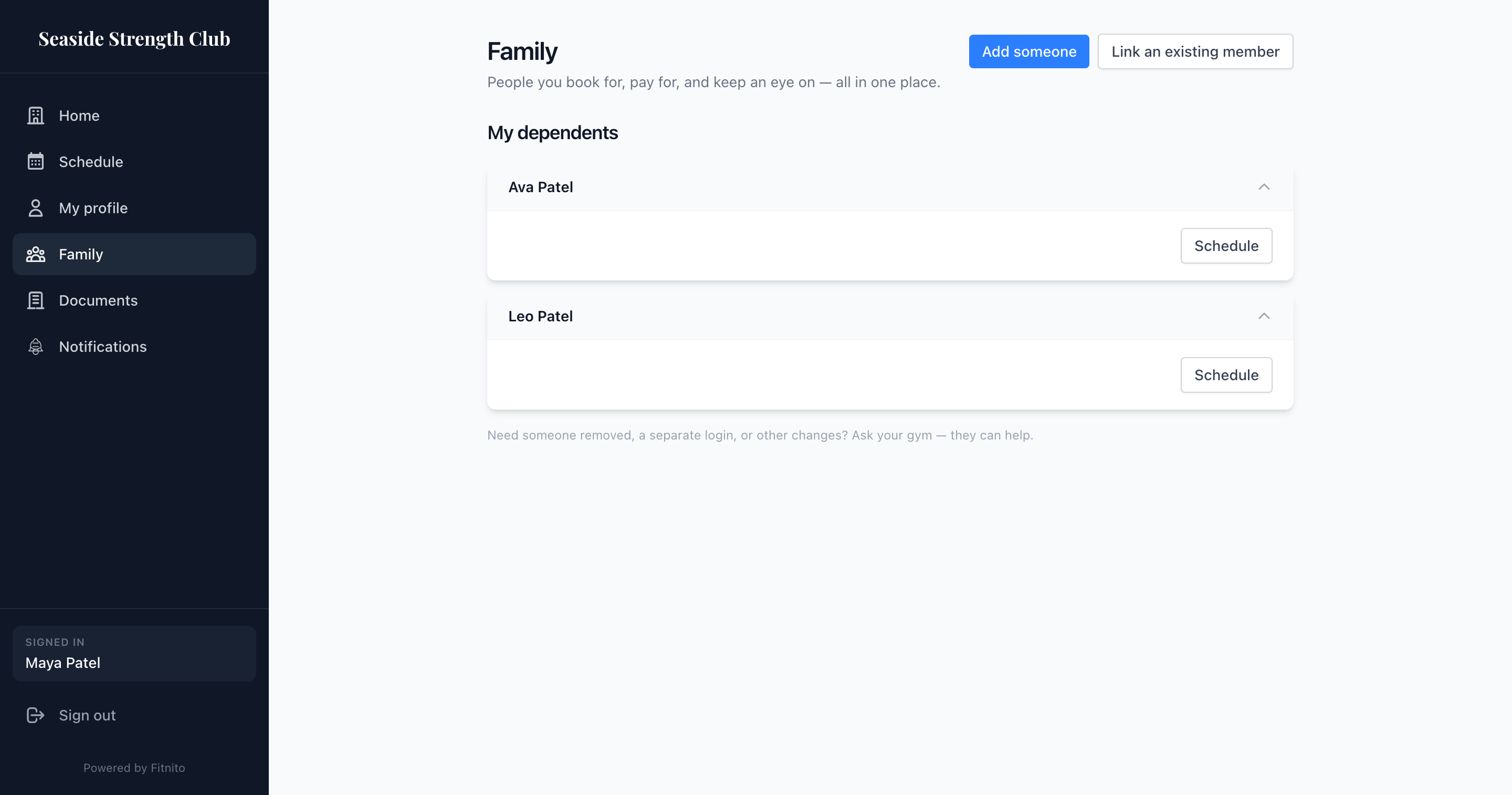 Parent managing kids on the Fitnito Family page
