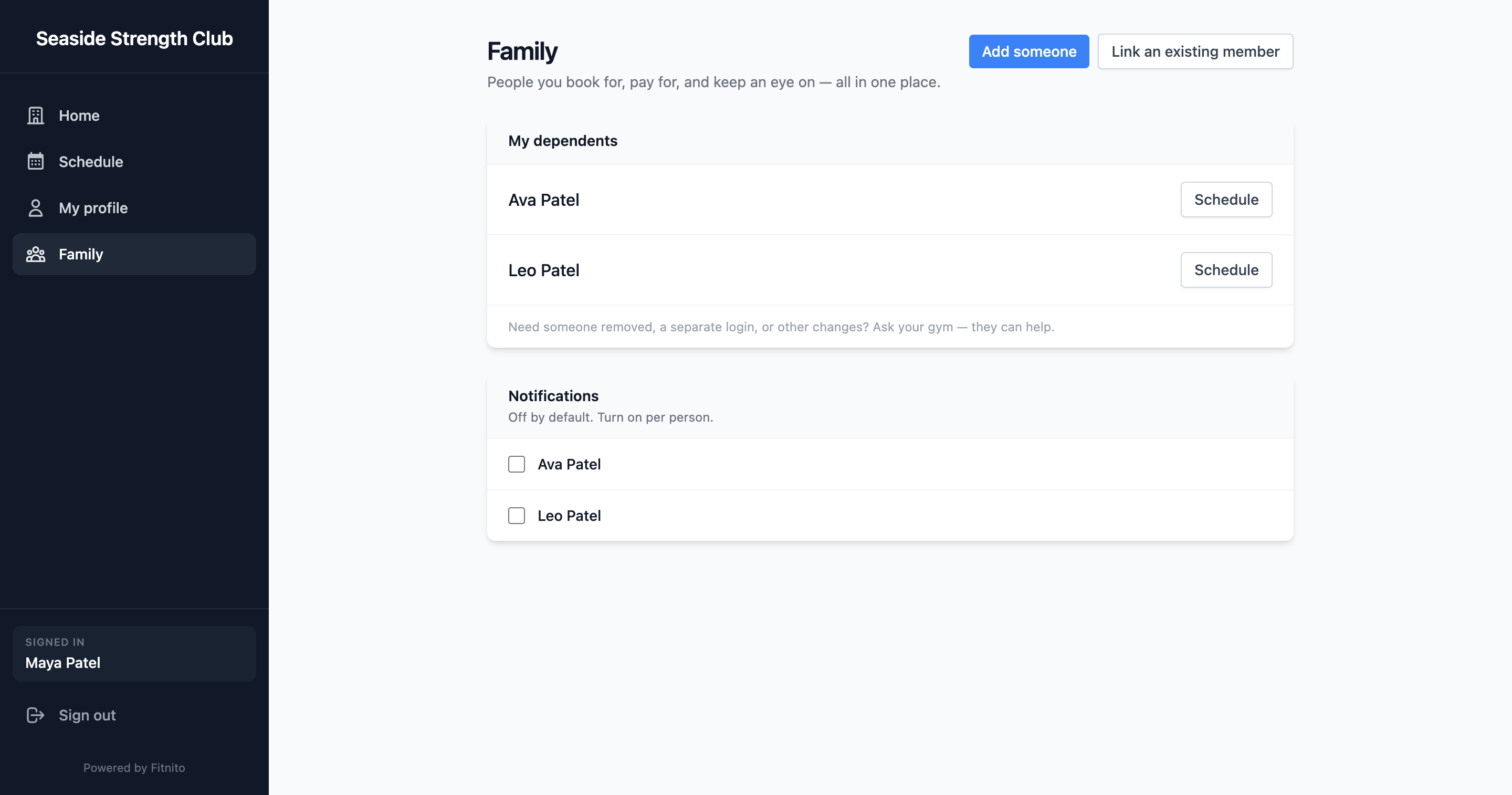 Parent managing kids on the Fitnito Family page