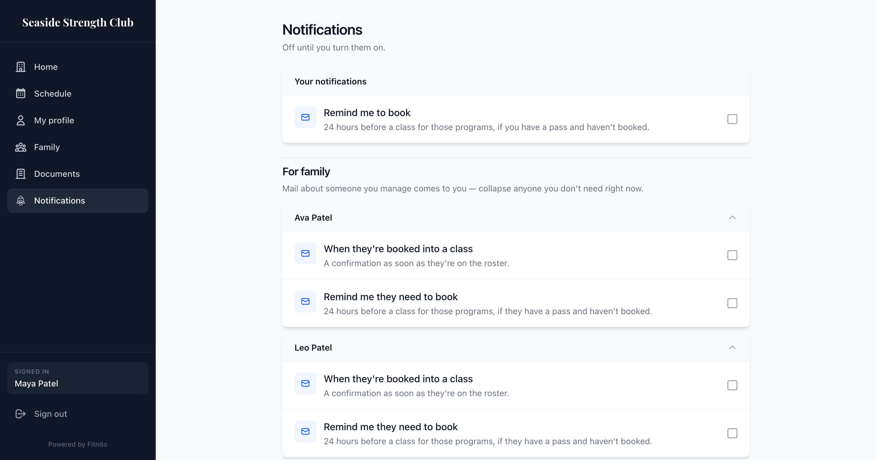 Member Notifications page for yourself and family
