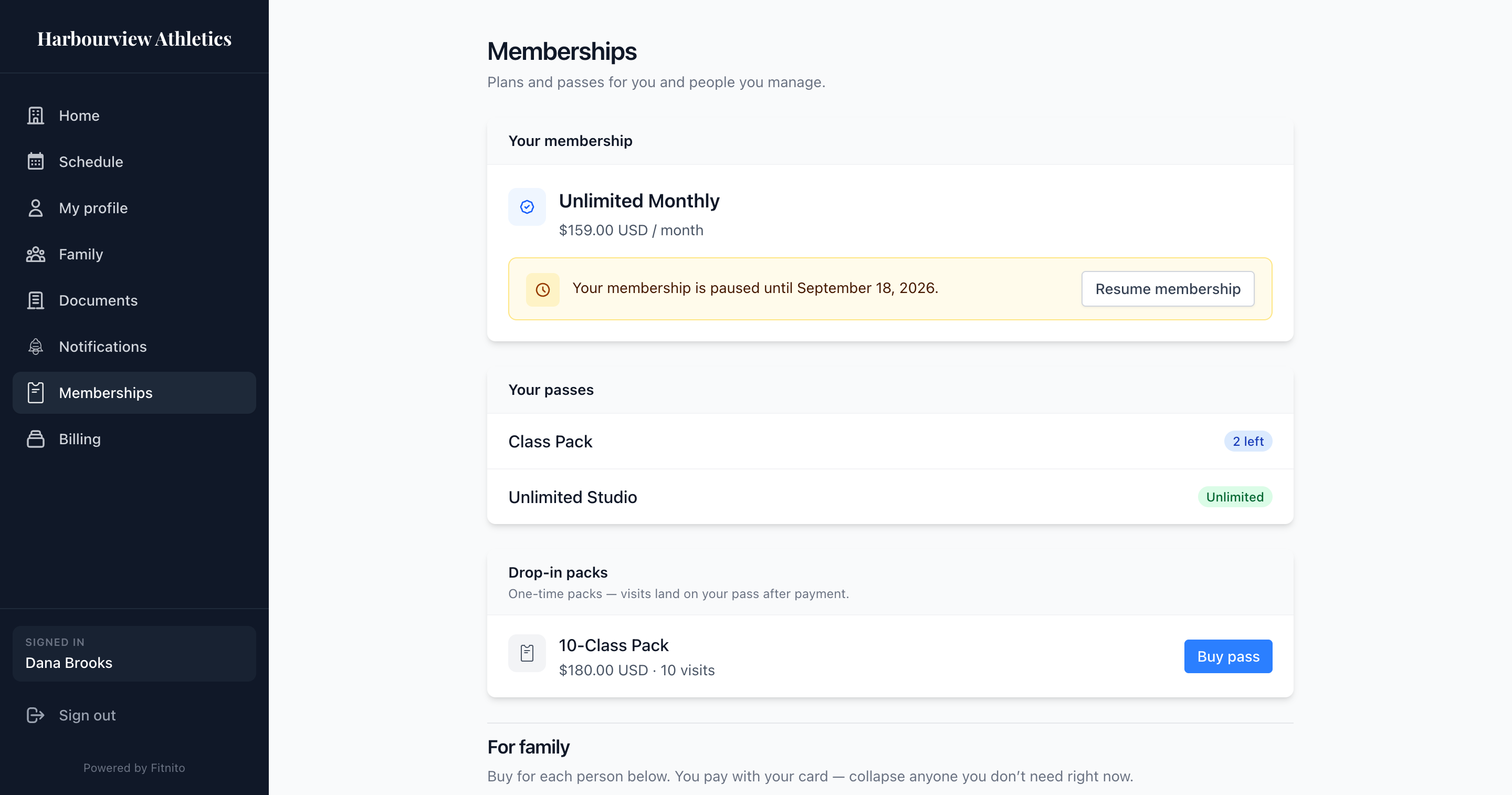 Member booking site showing a paused membership with Resume
