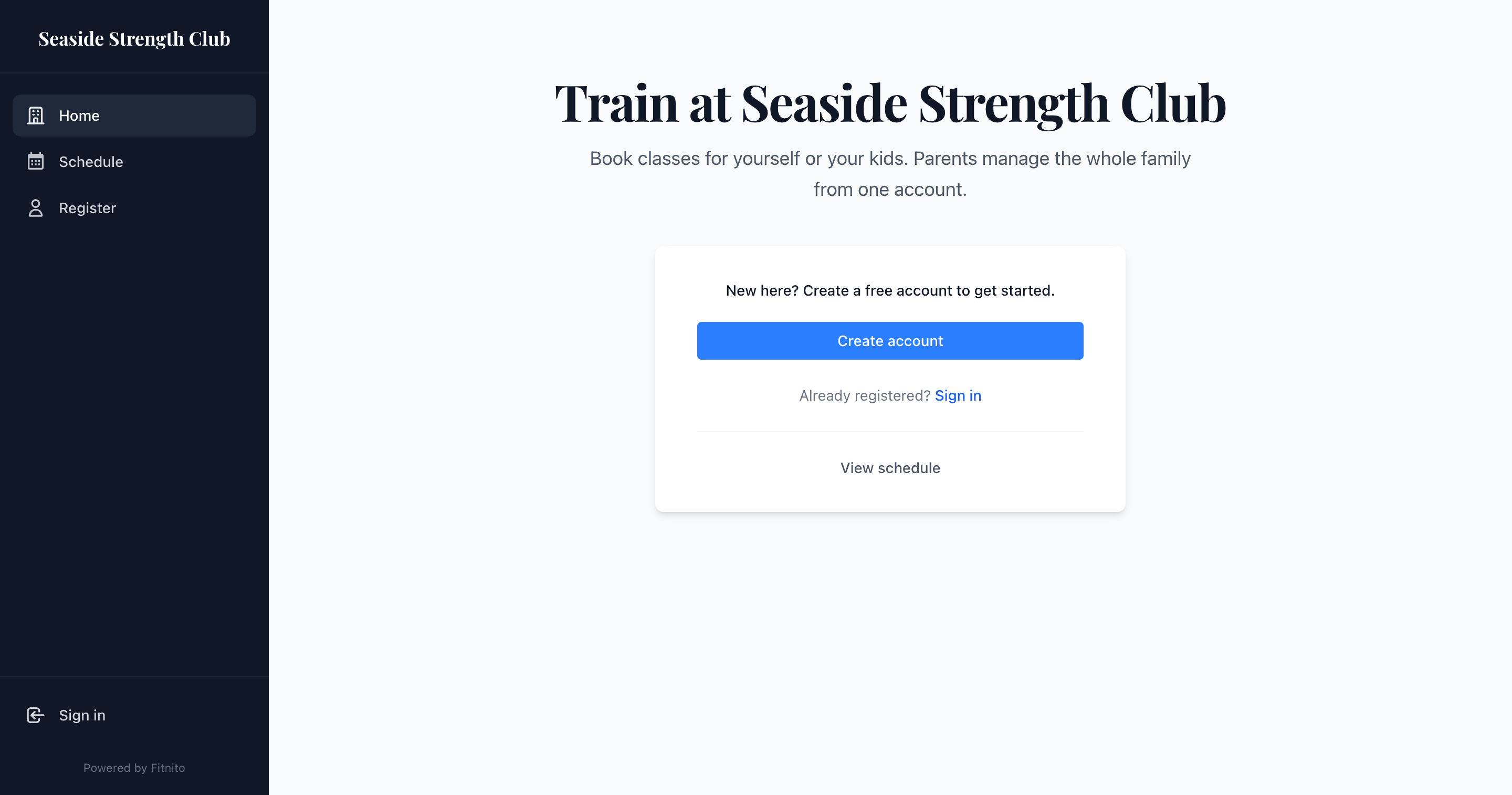 Booking site landing with Create account and View schedule when self-signup is on