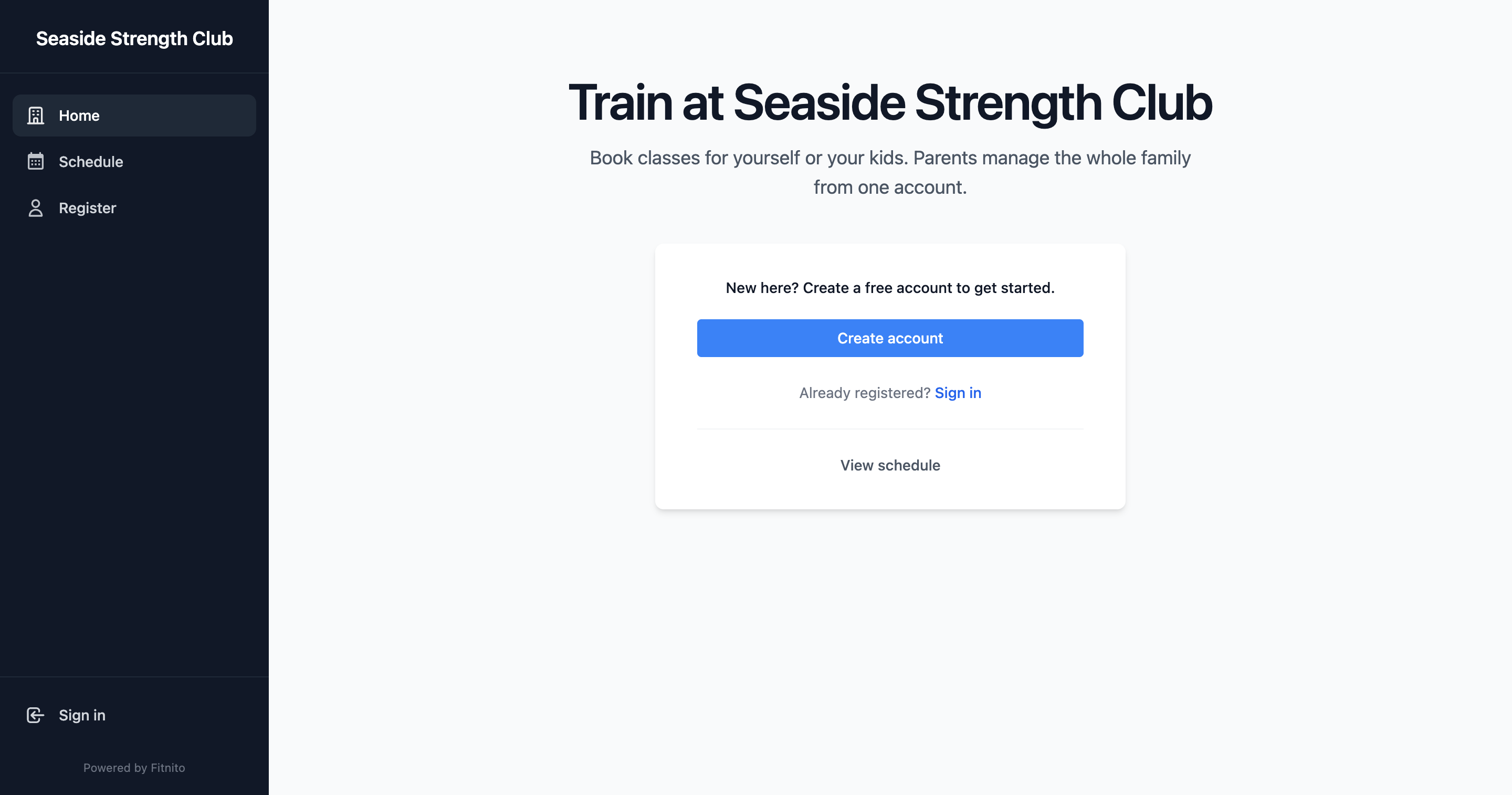 Booking site landing with Create account and View schedule when self-signup is on