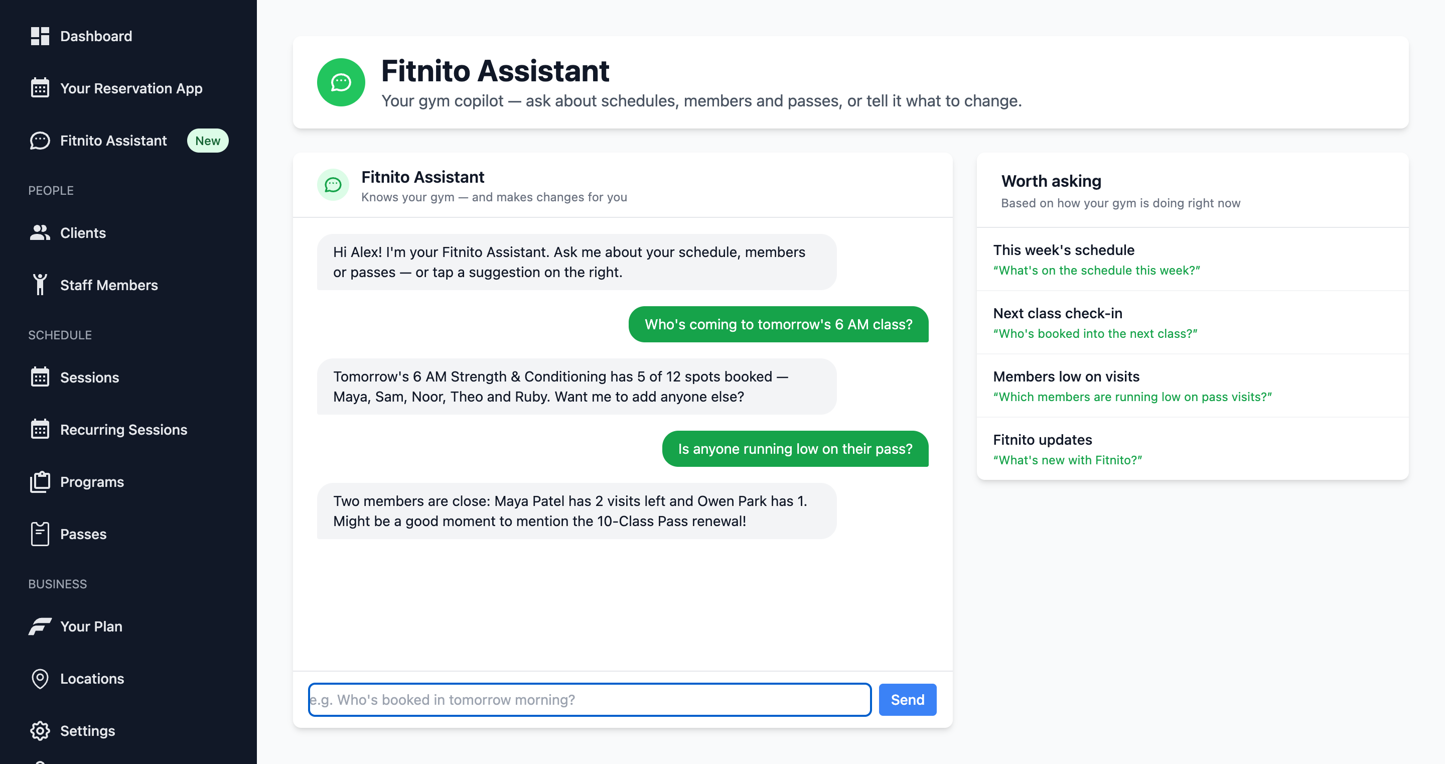 Fitnito Assistant answering questions about class bookings and member passes
