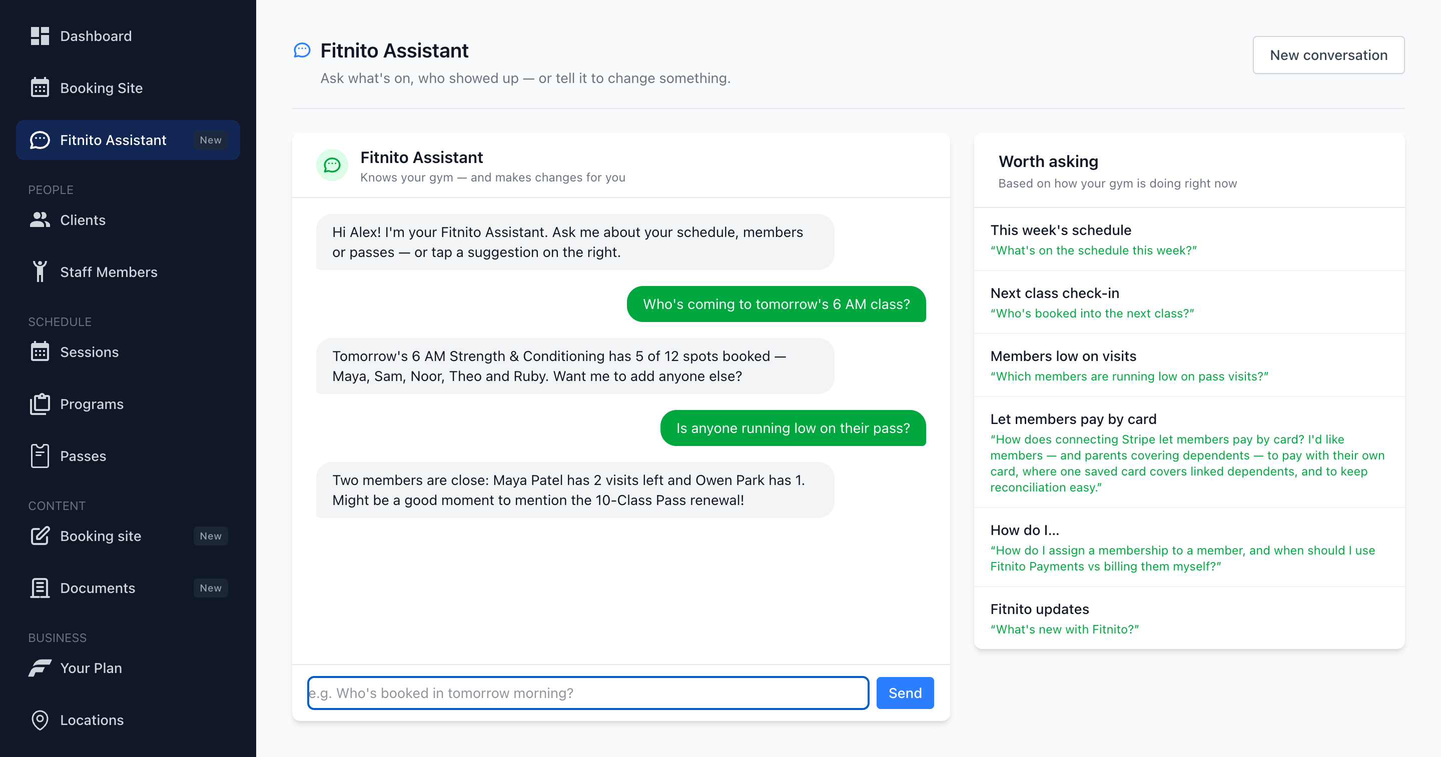 Fitnito Assistant answering questions about the gym