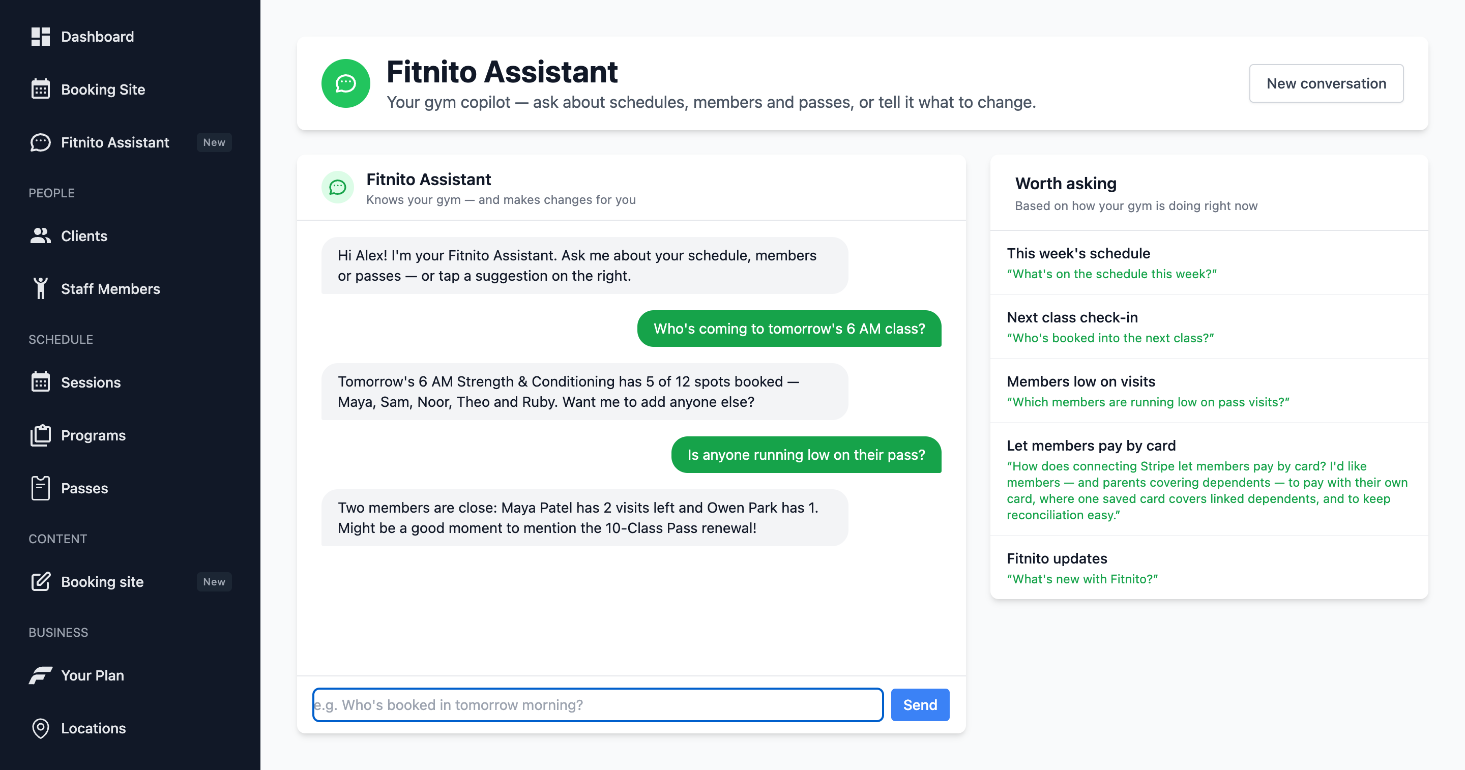 Fitnito Assistant answering questions about the gym
