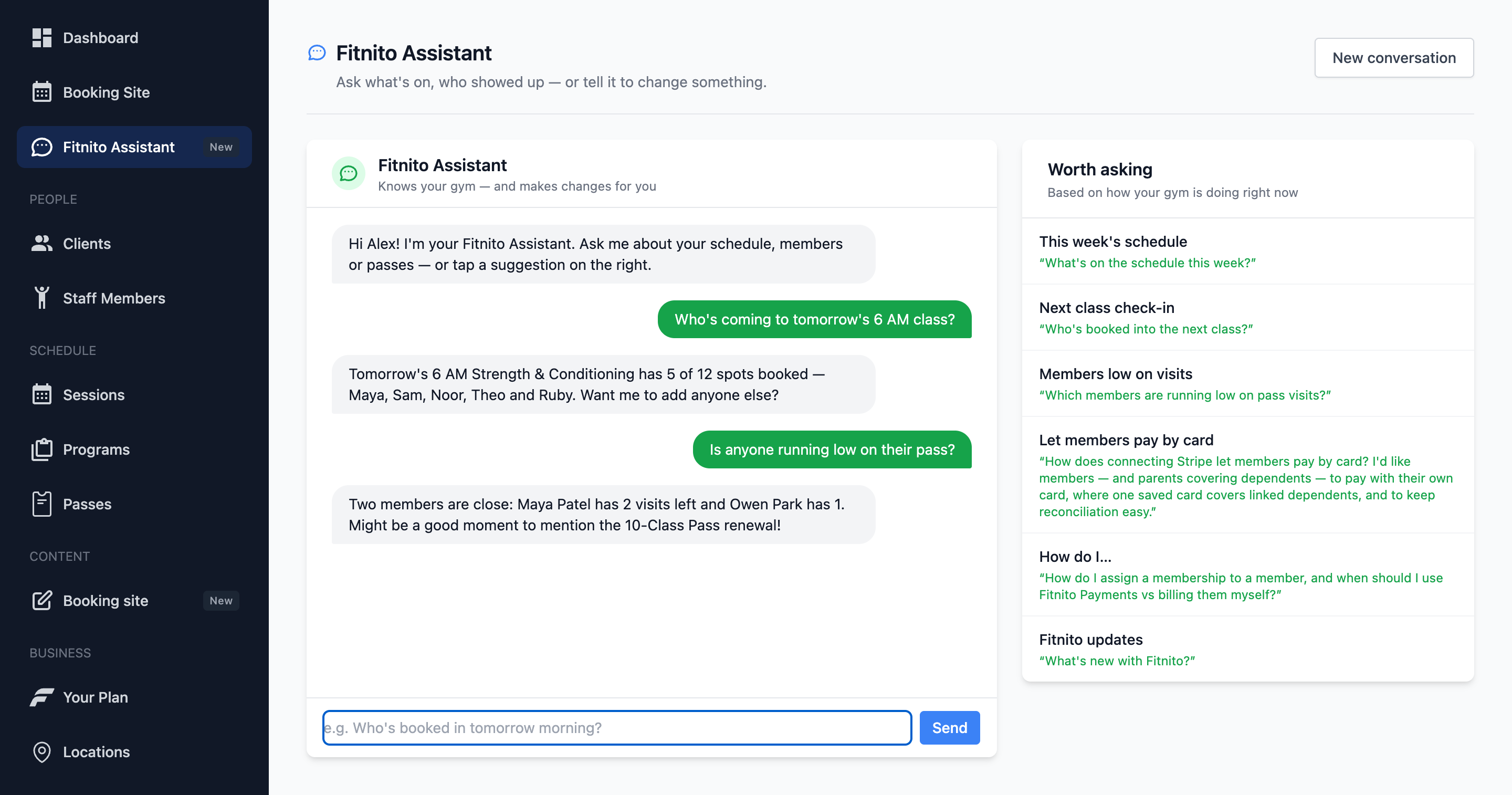 Fitnito Assistant answering questions about the gym