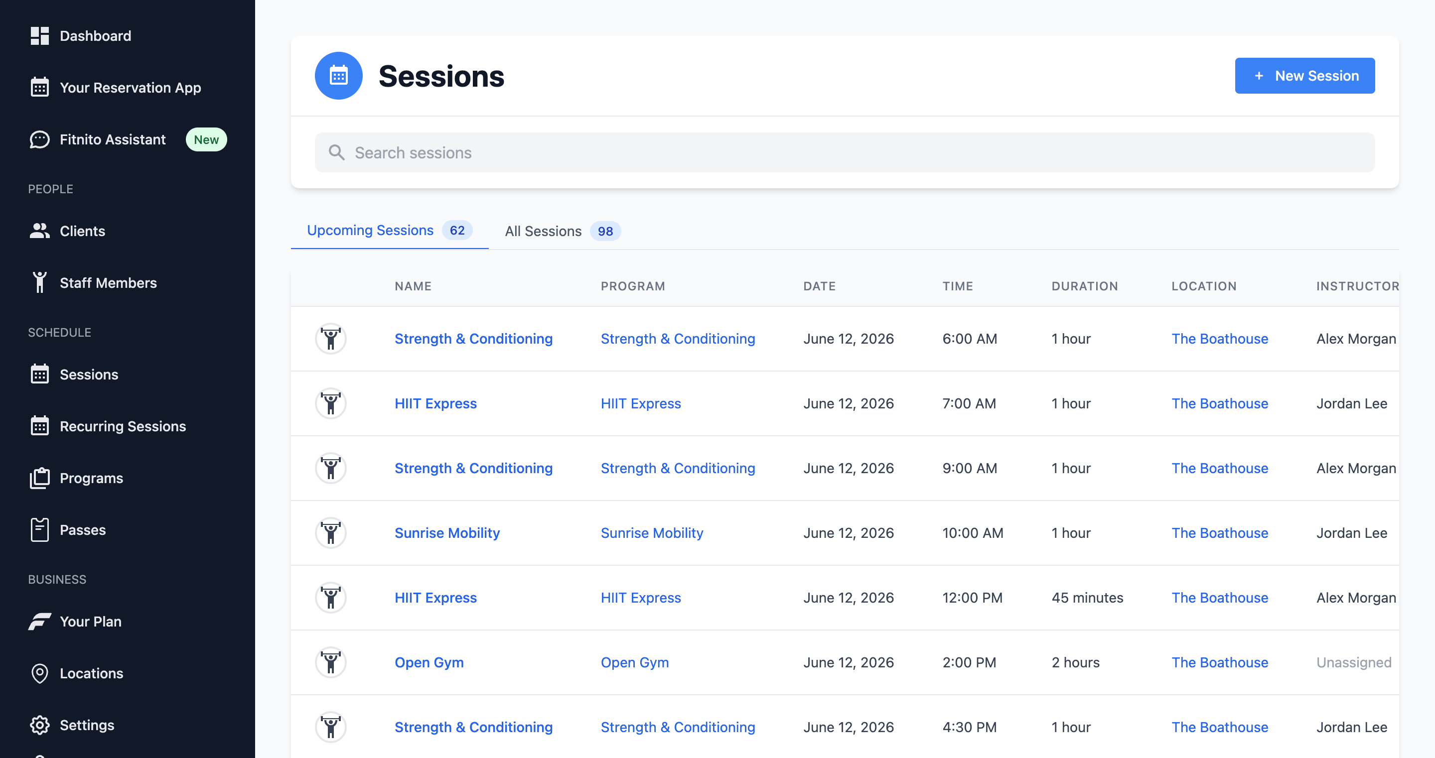 Fitnito Dashboard - Upcoming Sessions