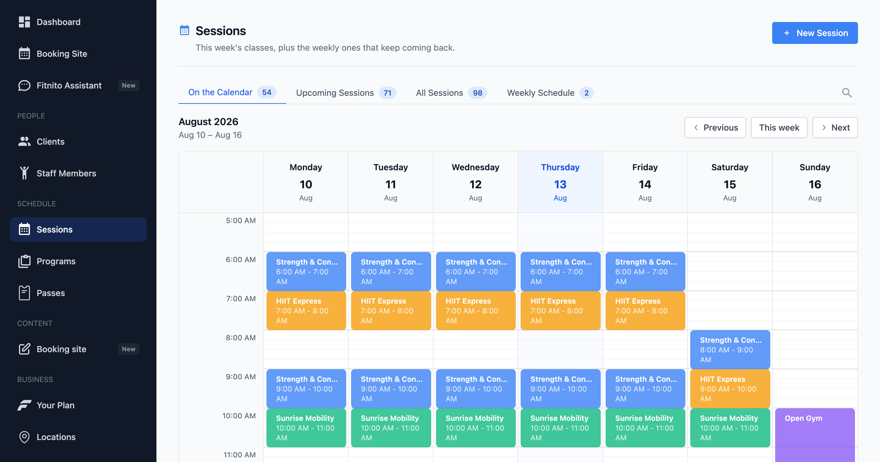 The Fitnito Sessions page open on the On the Calendar week grid