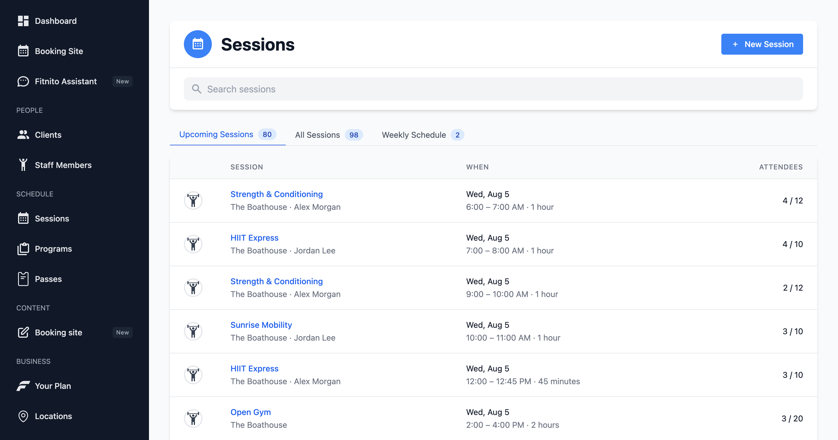 The Fitnito Sessions page with upcoming classes and the weekly schedule tabs