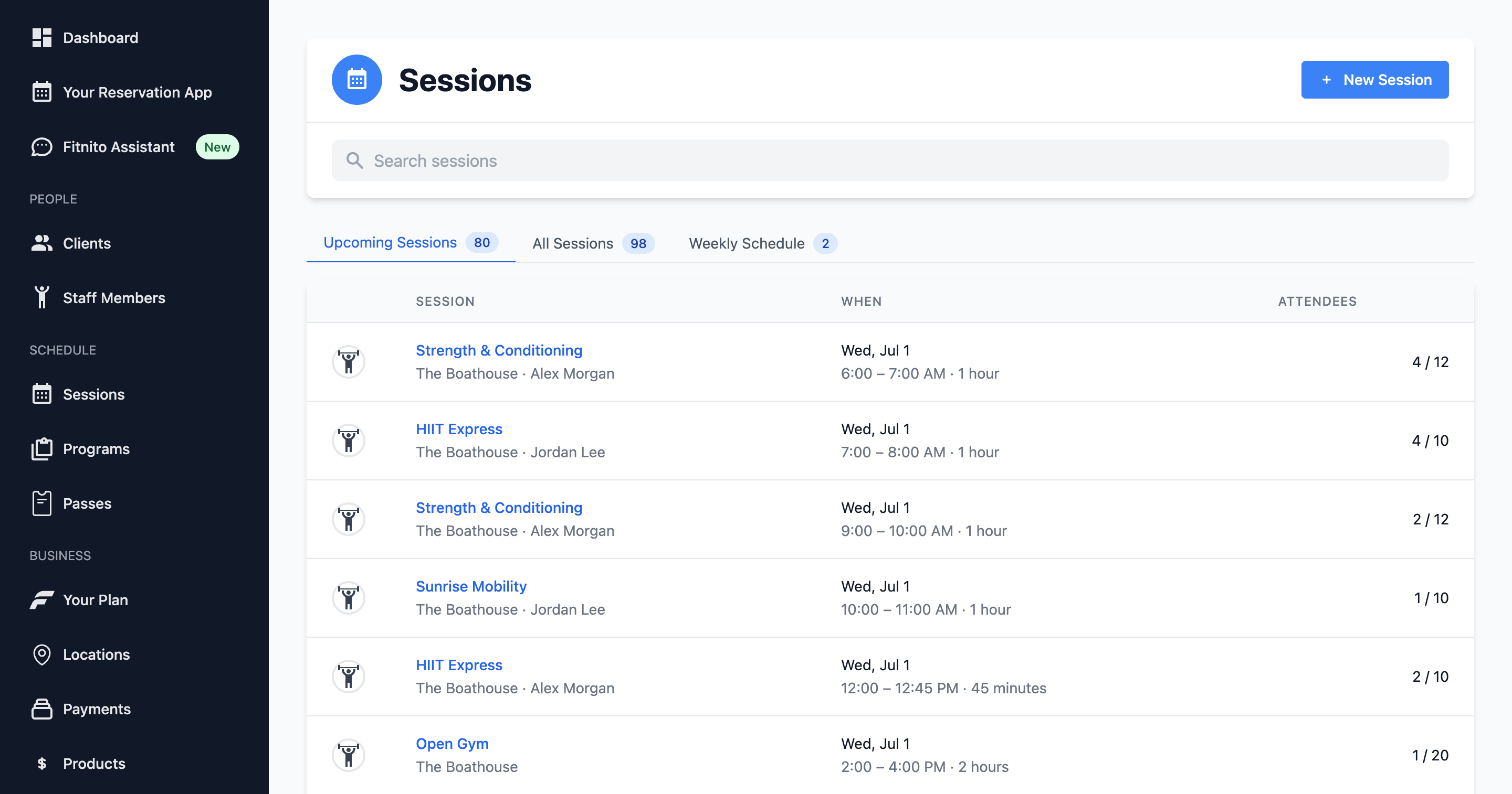 The Fitnito Sessions page with upcoming classes and the weekly schedule tabs