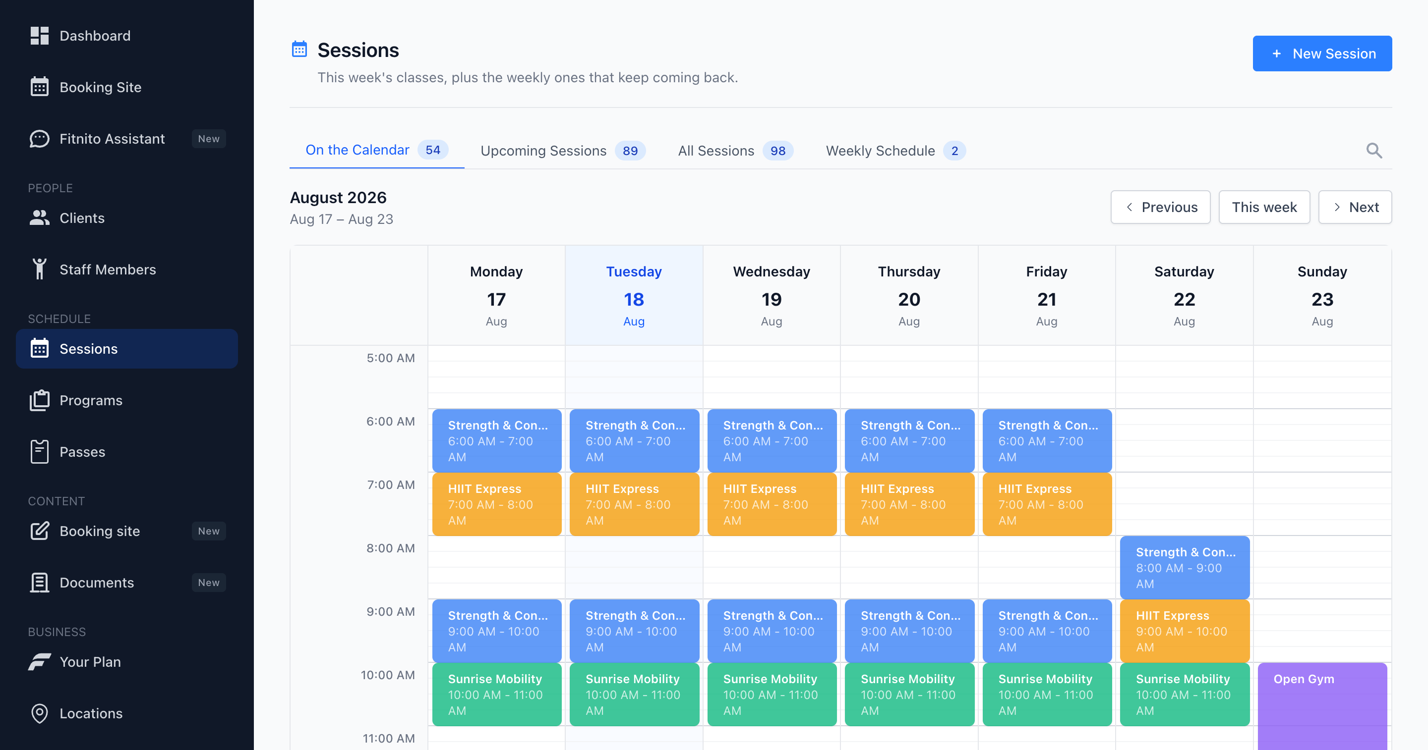 The Fitnito Sessions page open on the On the Calendar week grid