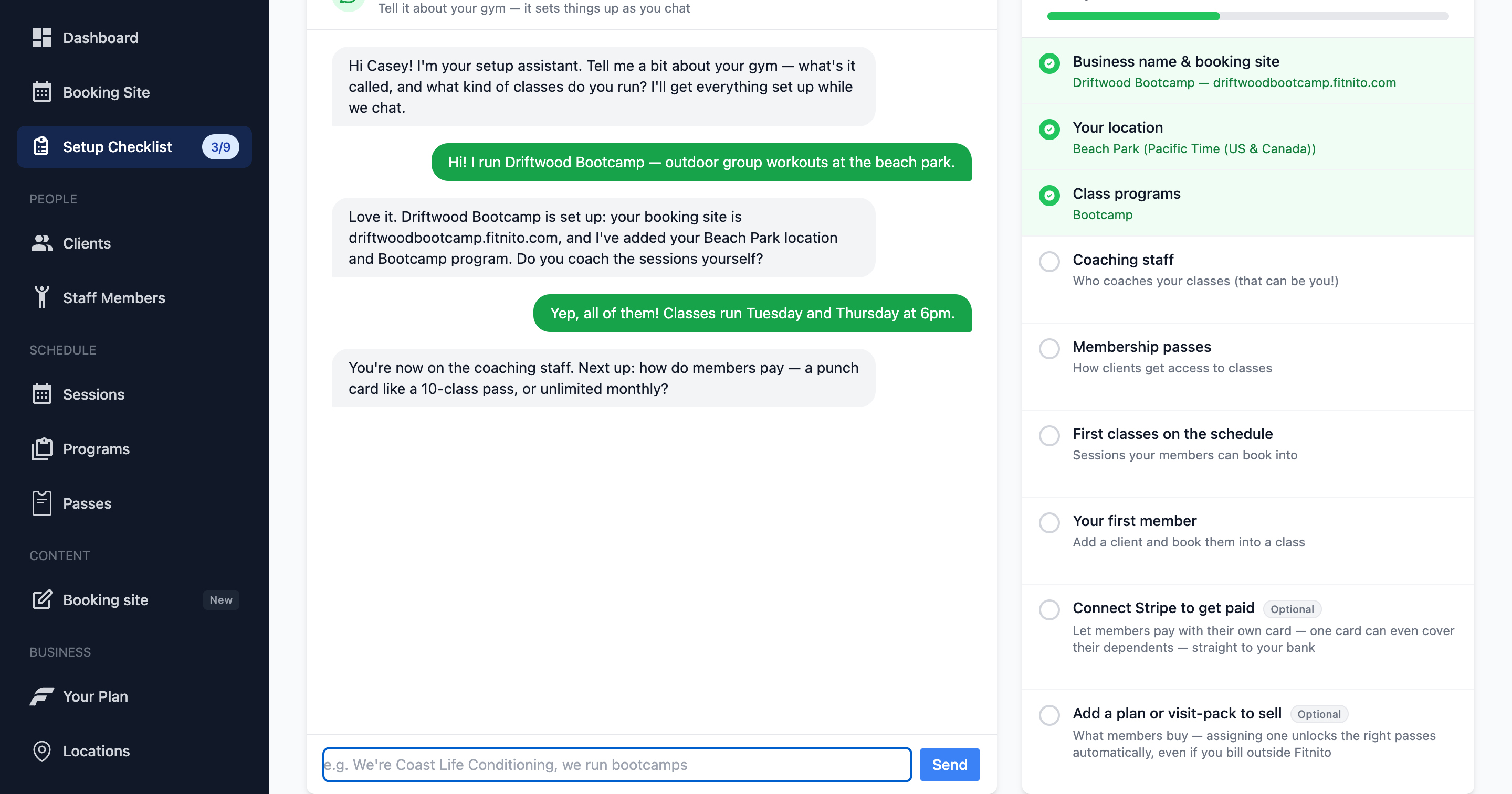 Fitnito AI setup assistant onboarding a new gym