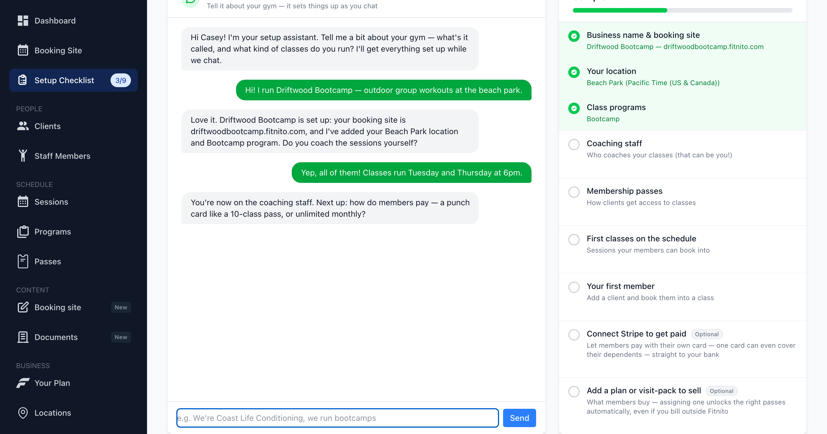 Fitnito AI setup assistant onboarding a new gym