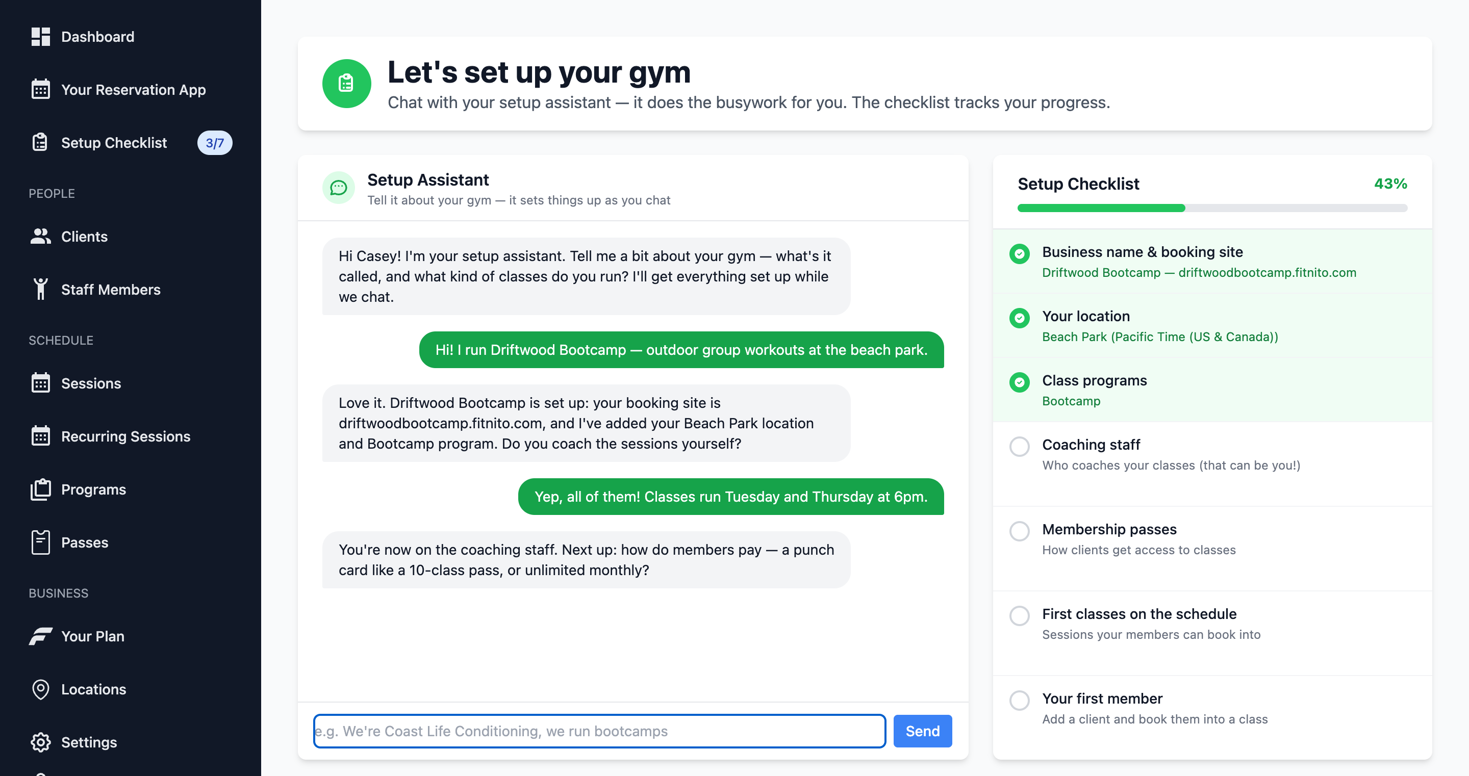 Fitnito AI setup assistant creating a bootcamp business through chat
