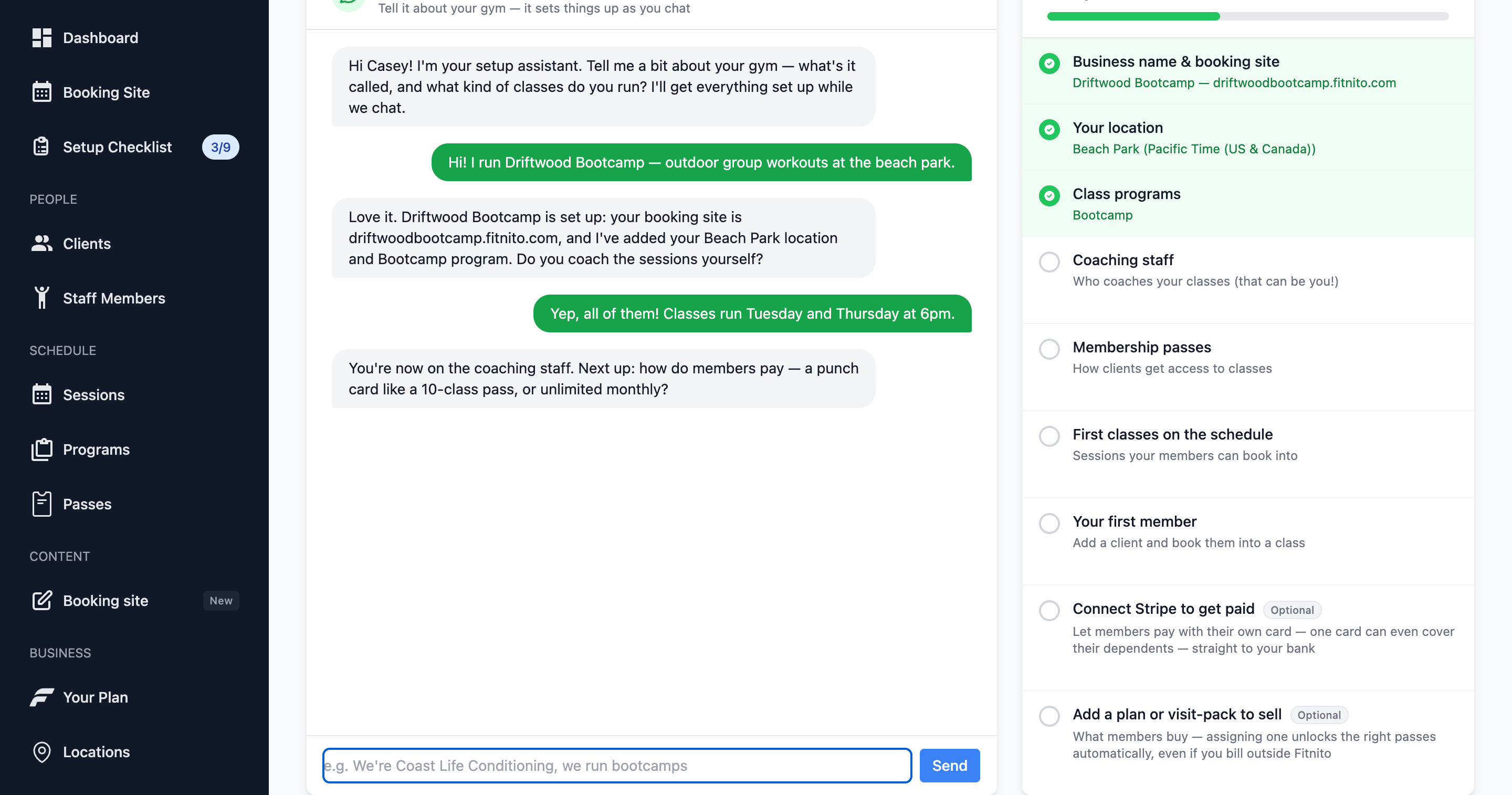 Fitnito AI setup assistant onboarding a new gym