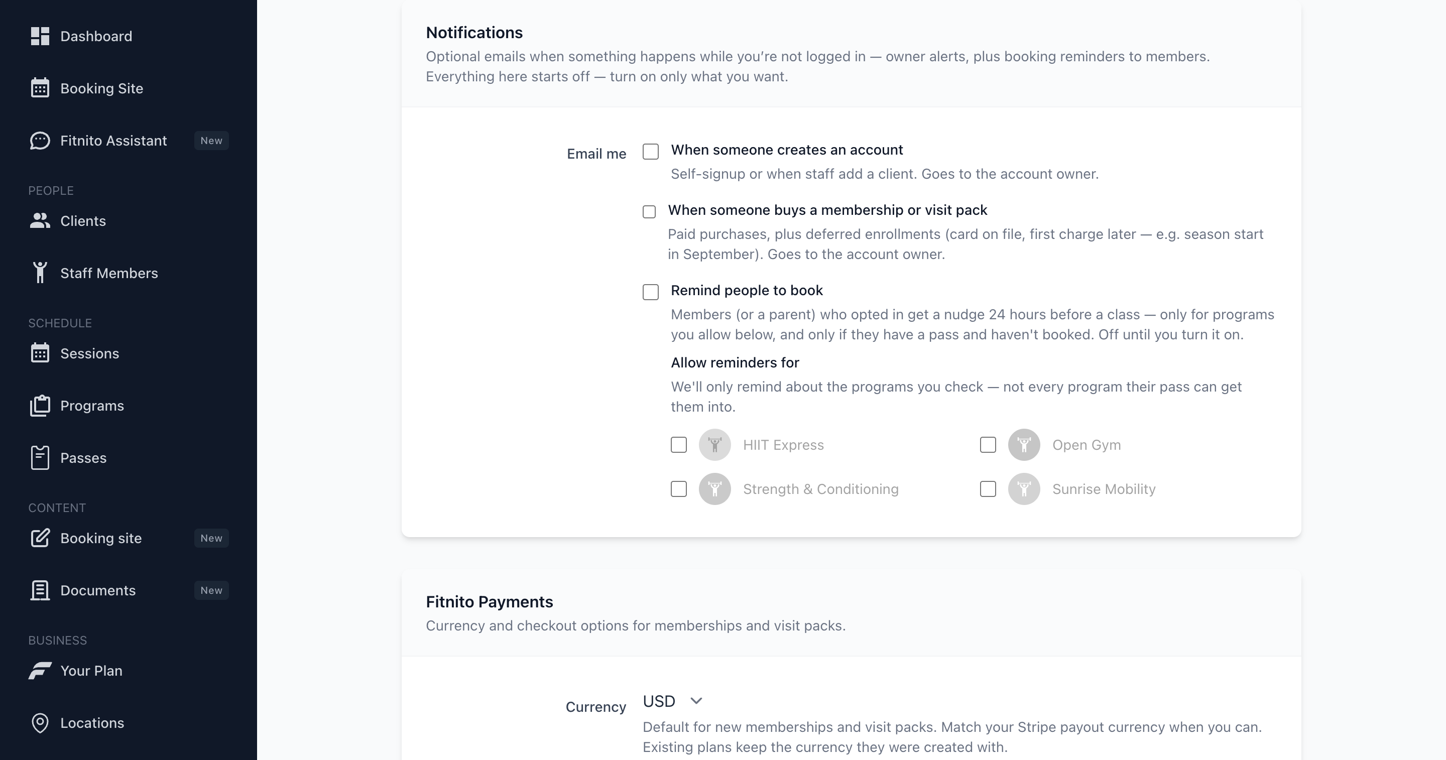 Gym settings for booking reminders and which programs may remind