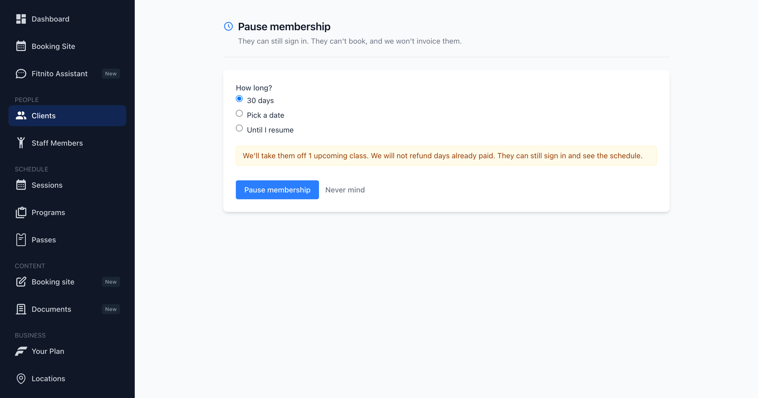 Pause a membership from the gym console — 30 days, a date, or until you resume