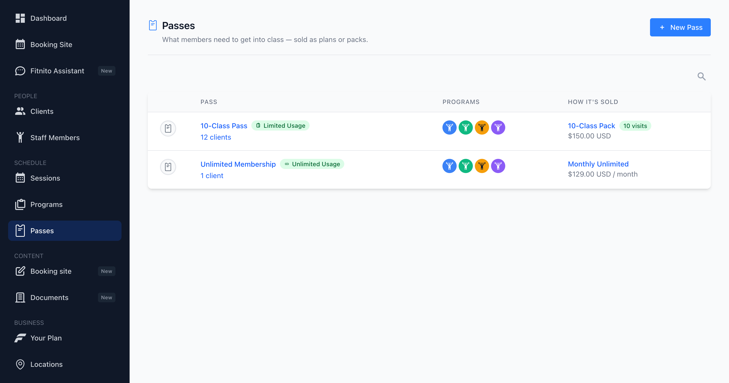 Fitnito Passes list showing each pass, the programs it unlocks, and the membership or visit pack that sells it