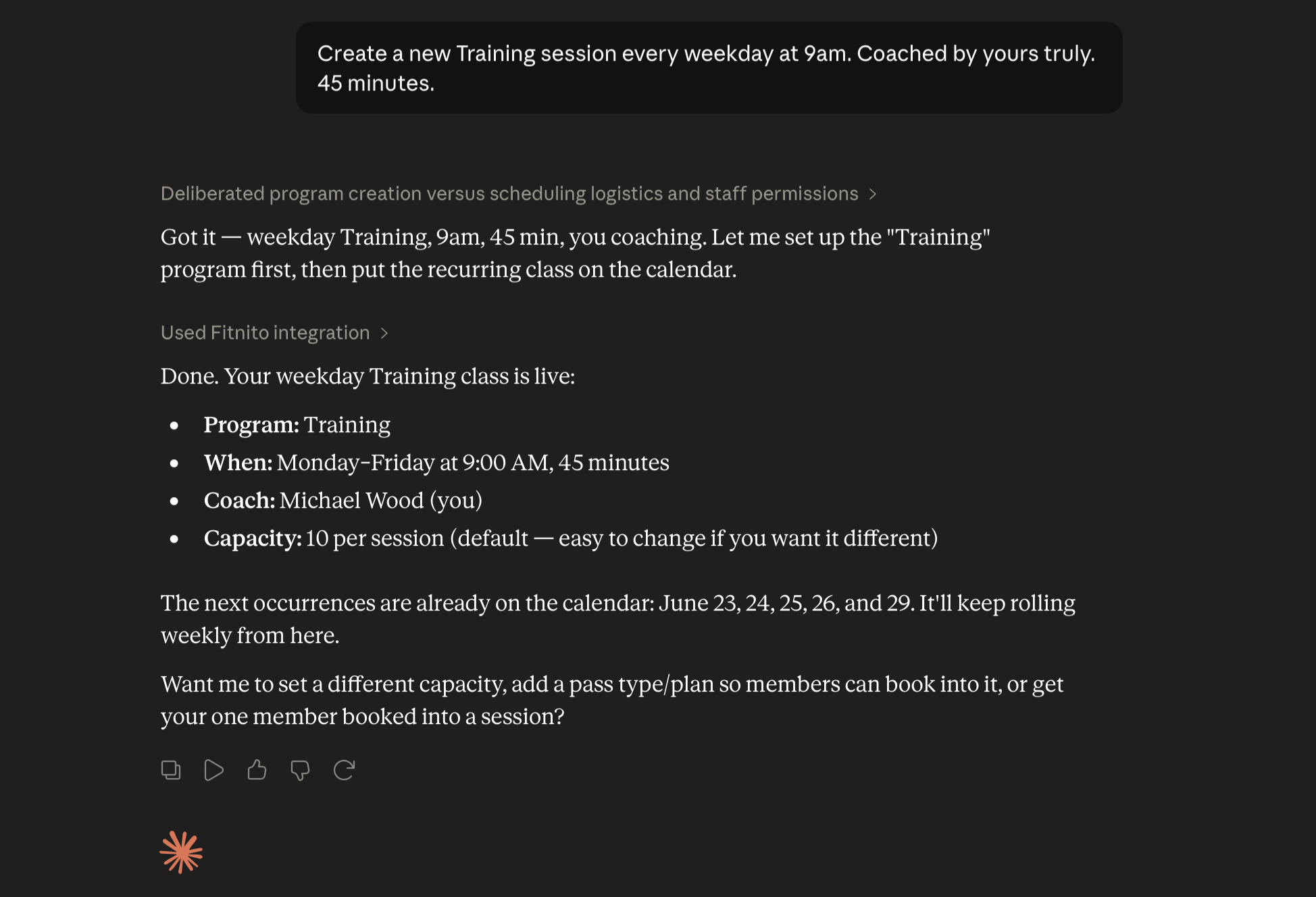 Claude using the Fitnito integration to create a recurring weekday Training class