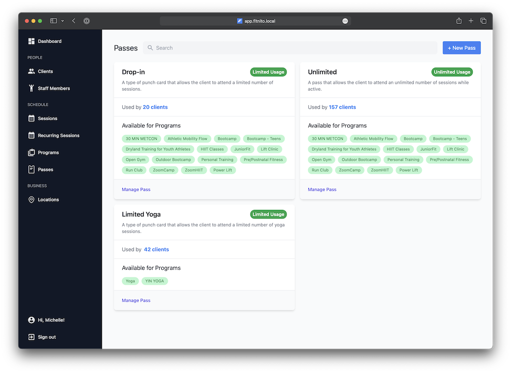 Fitnito Dashboard - Passes and Programs