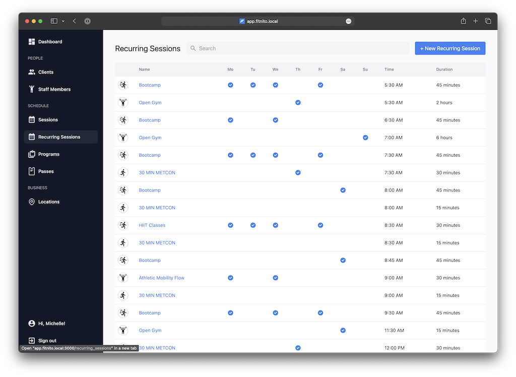 Fitnito Dashboard - Recurring Sessions